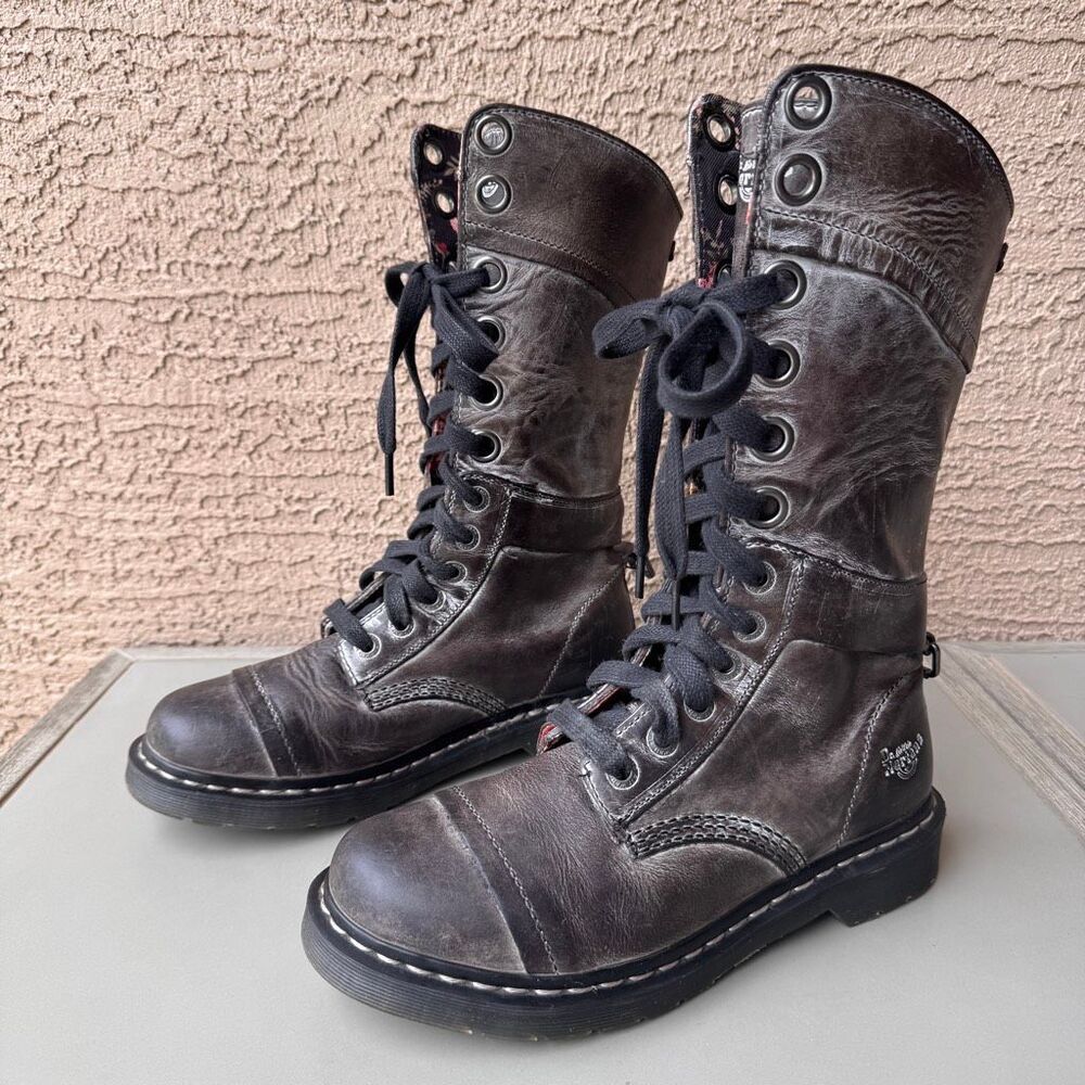 Dr Martens Triumph Boots Womens 9 Gray Black Pink Floral Foldover Tall Combat